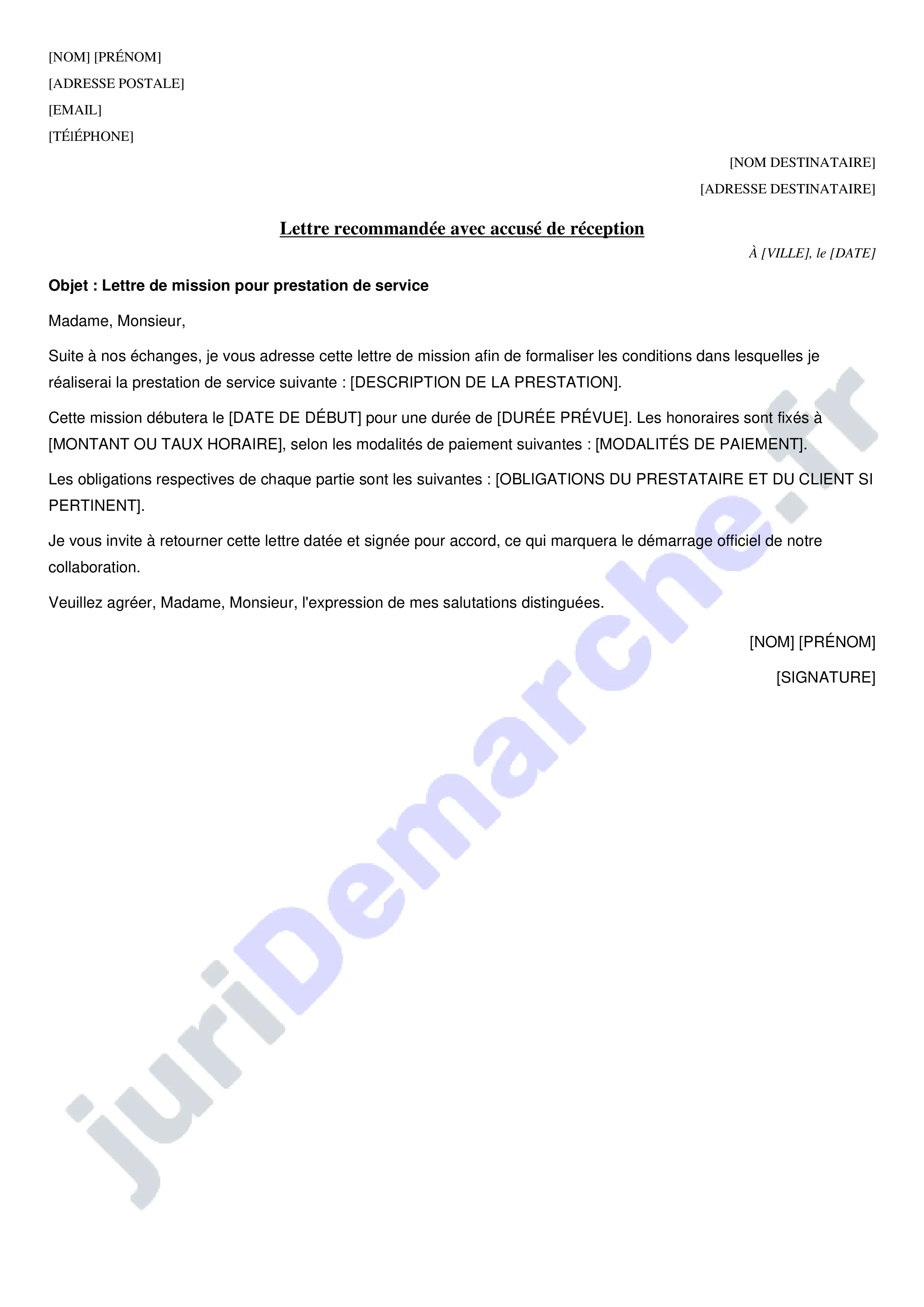 Lettre de mission prestation de service : modèle de courrier