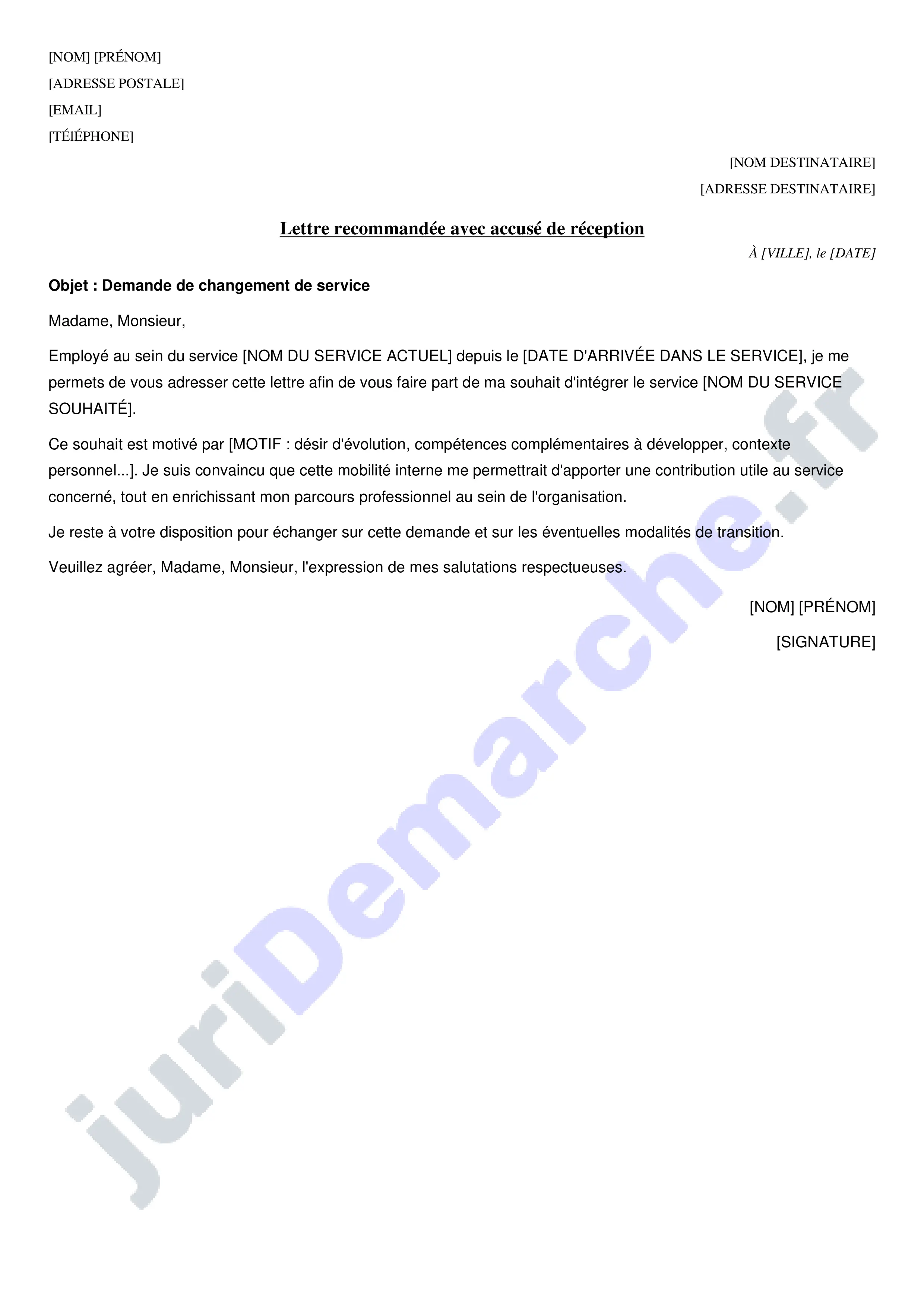 Lettre de demande de changement de service : modèle