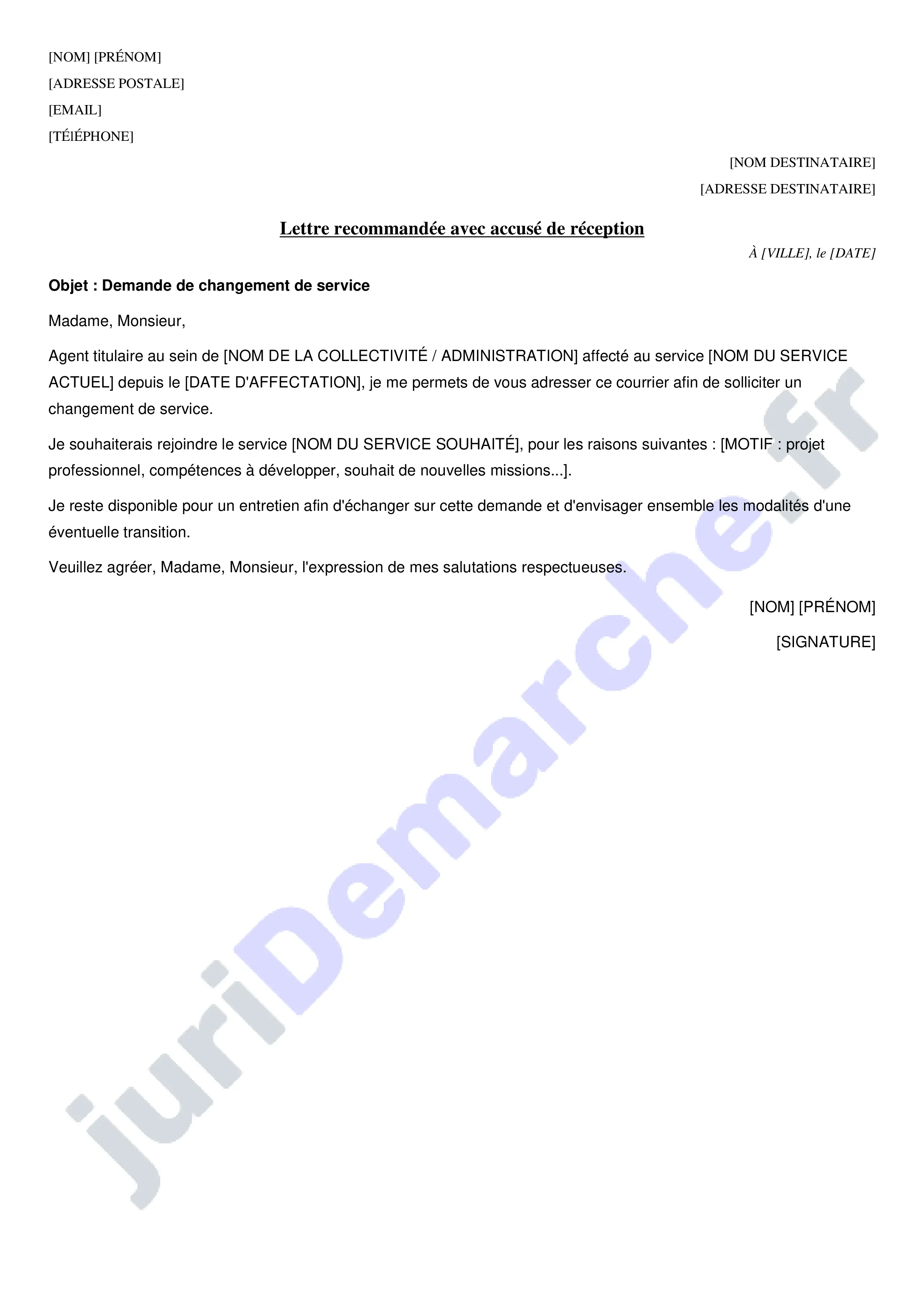 Changement de service en fonction publique : modèle de lettre