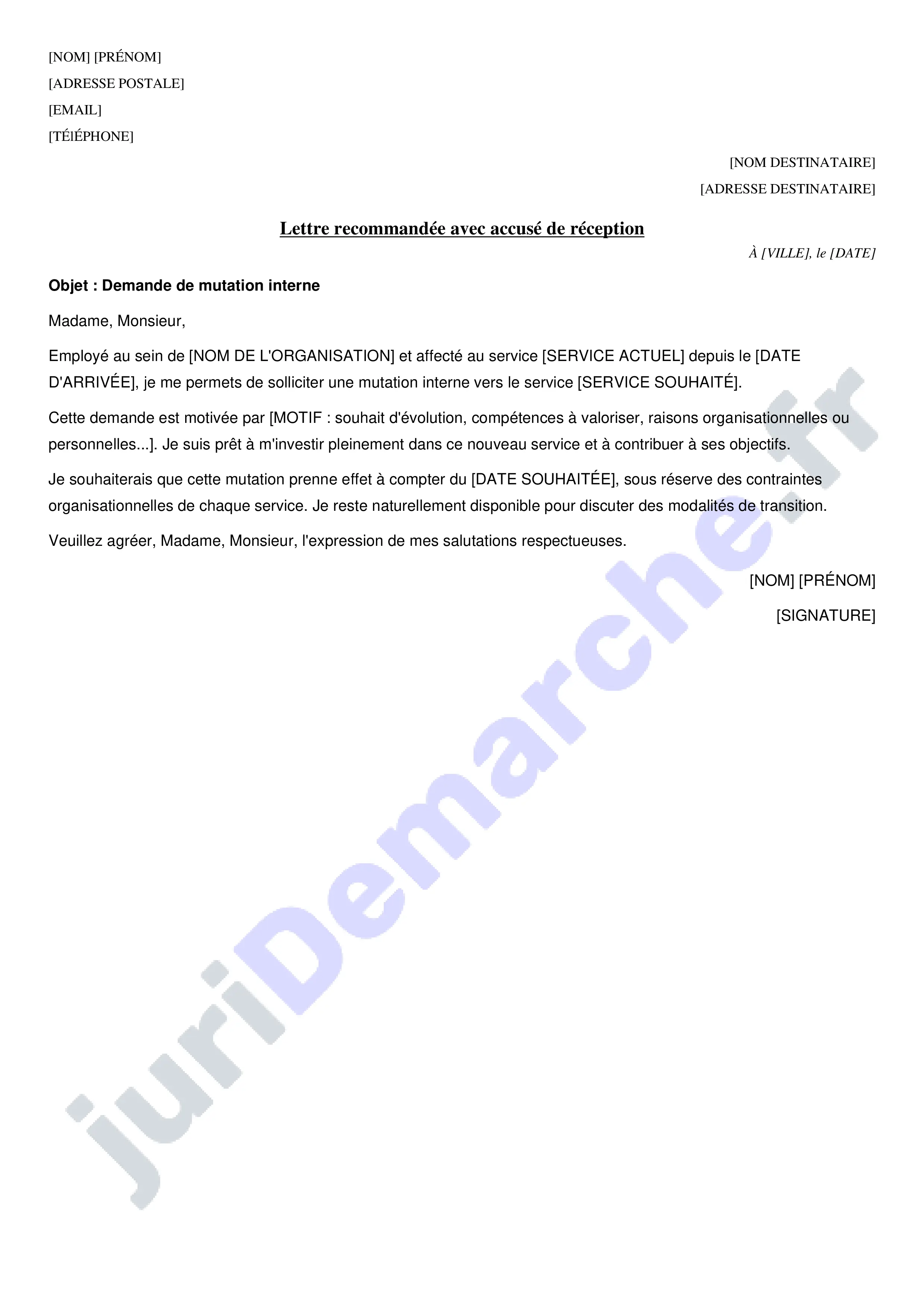 Demande de mutation interne : modèle de lettre