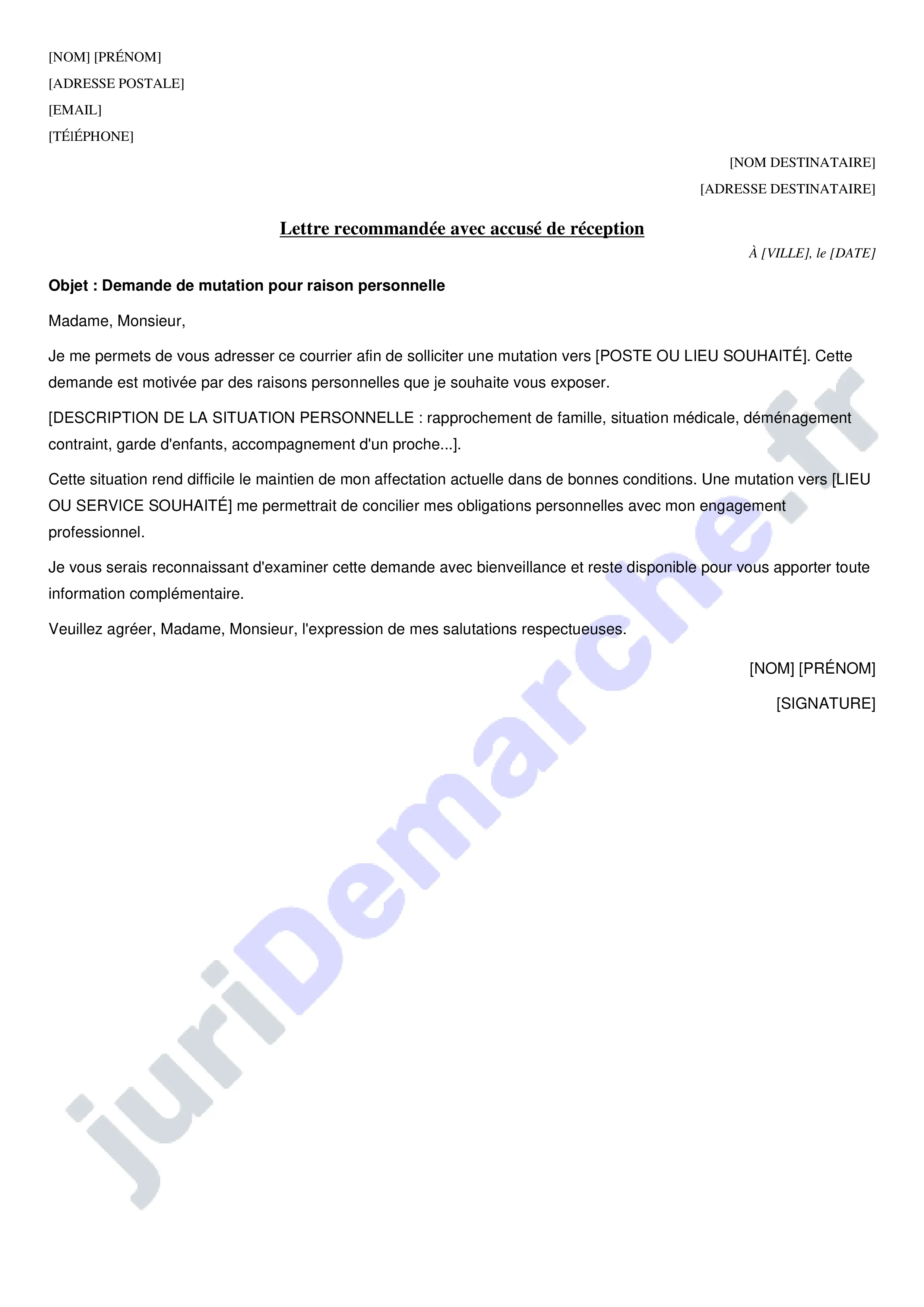 Lettre de demande de mutation pour raison personnelle : modèle