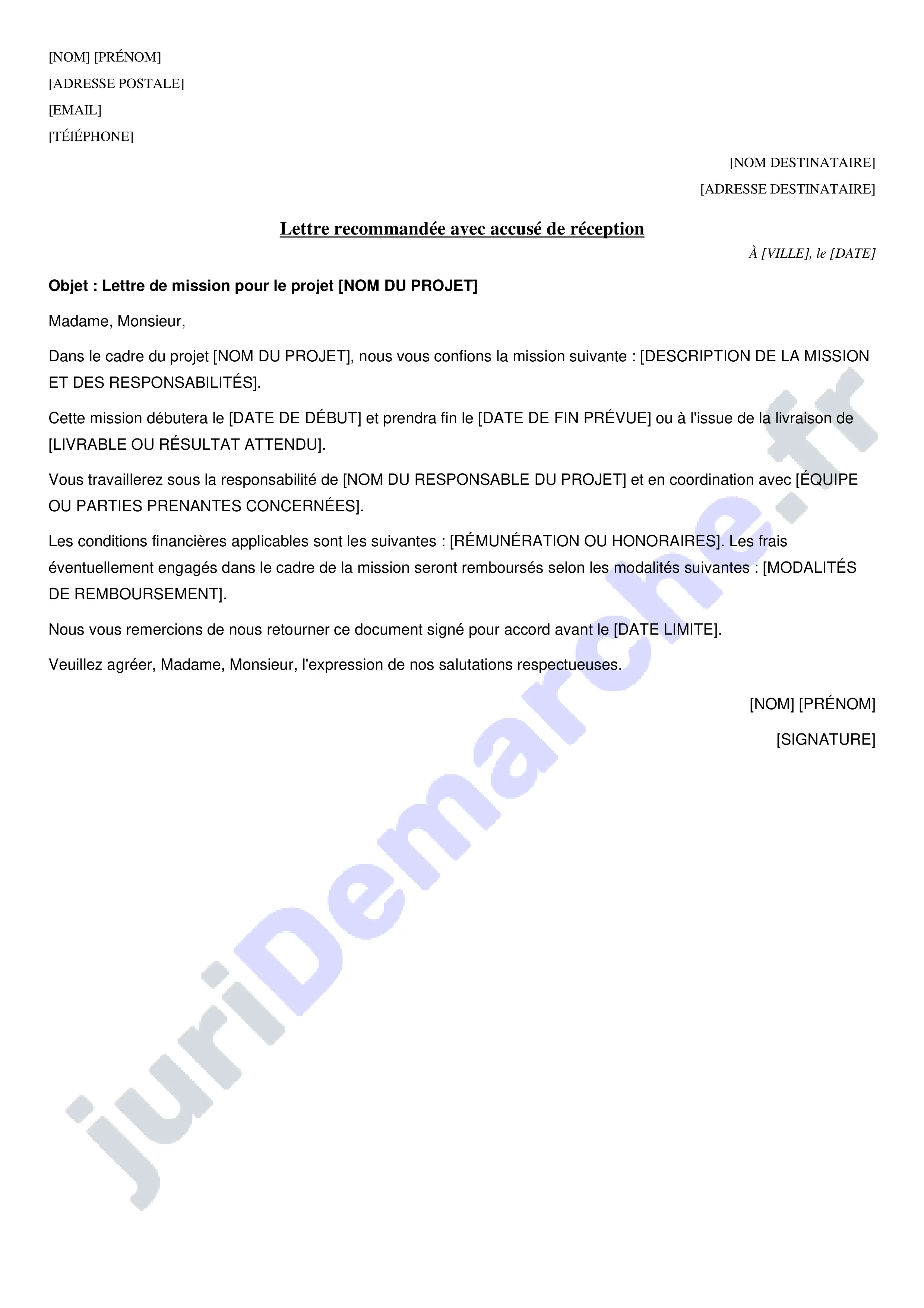Lettre de mission pour un projet : exemple gratuit