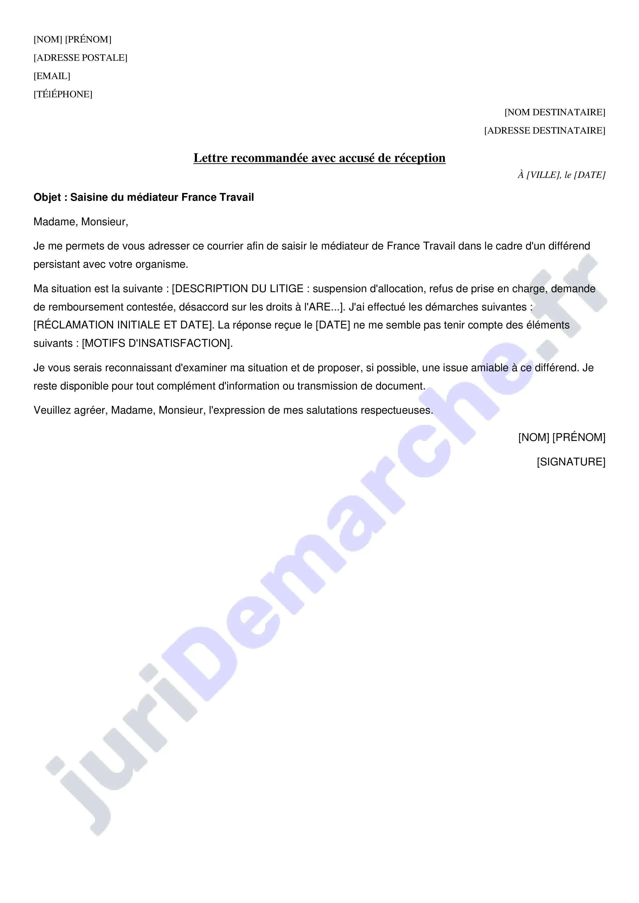 Lettre au médiateur France Travail : modèle de courrier