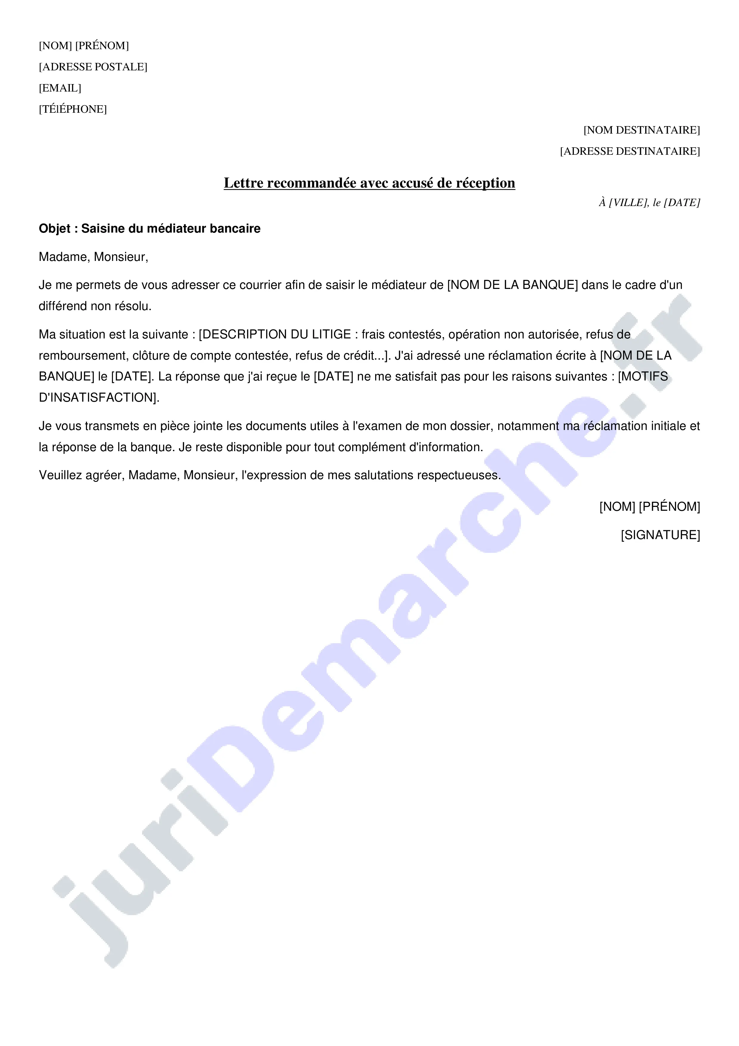 Lettre au médiateur de la banque : modèle gratuit