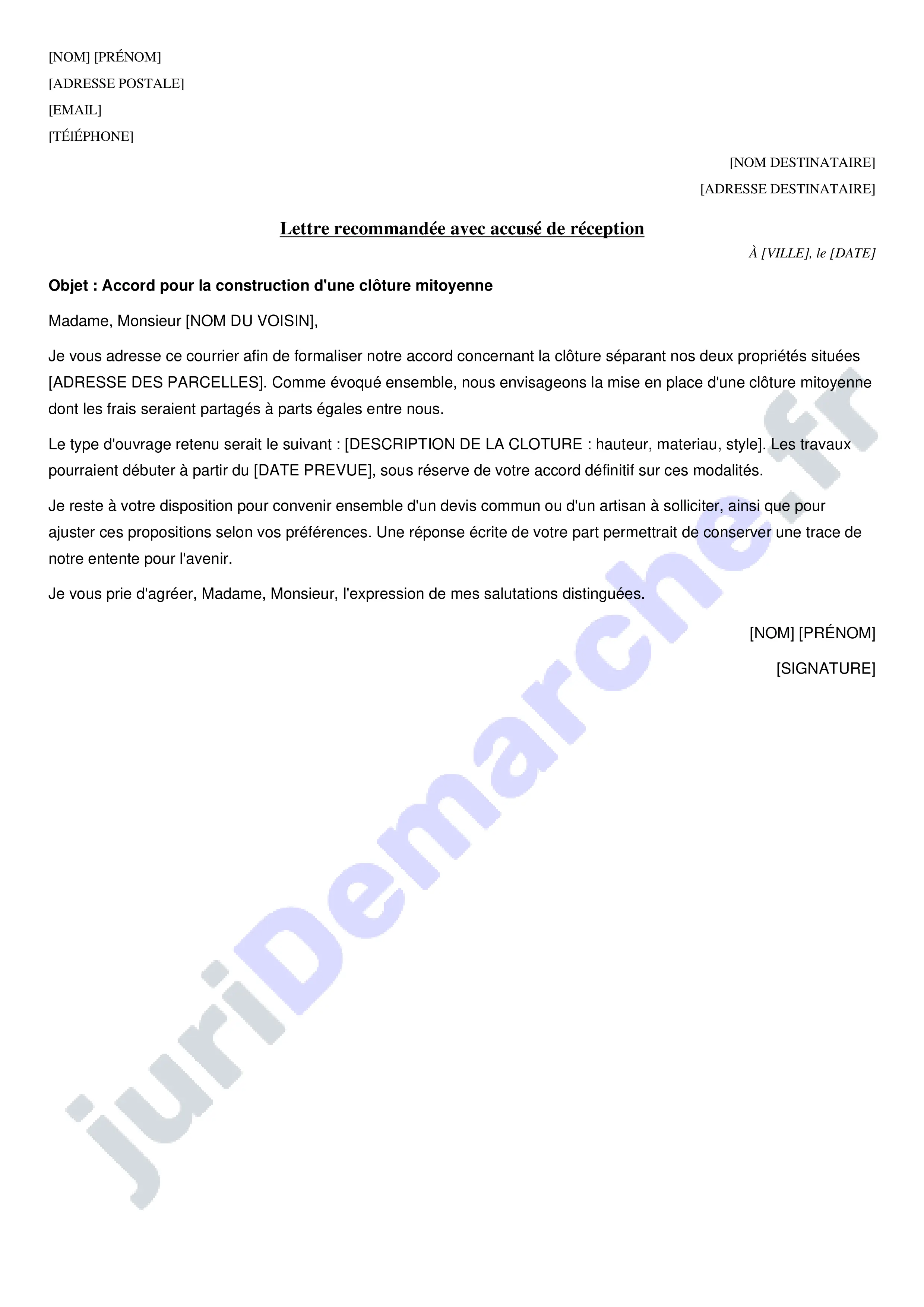 Accord de clôture mitoyenne : modèle de lettre