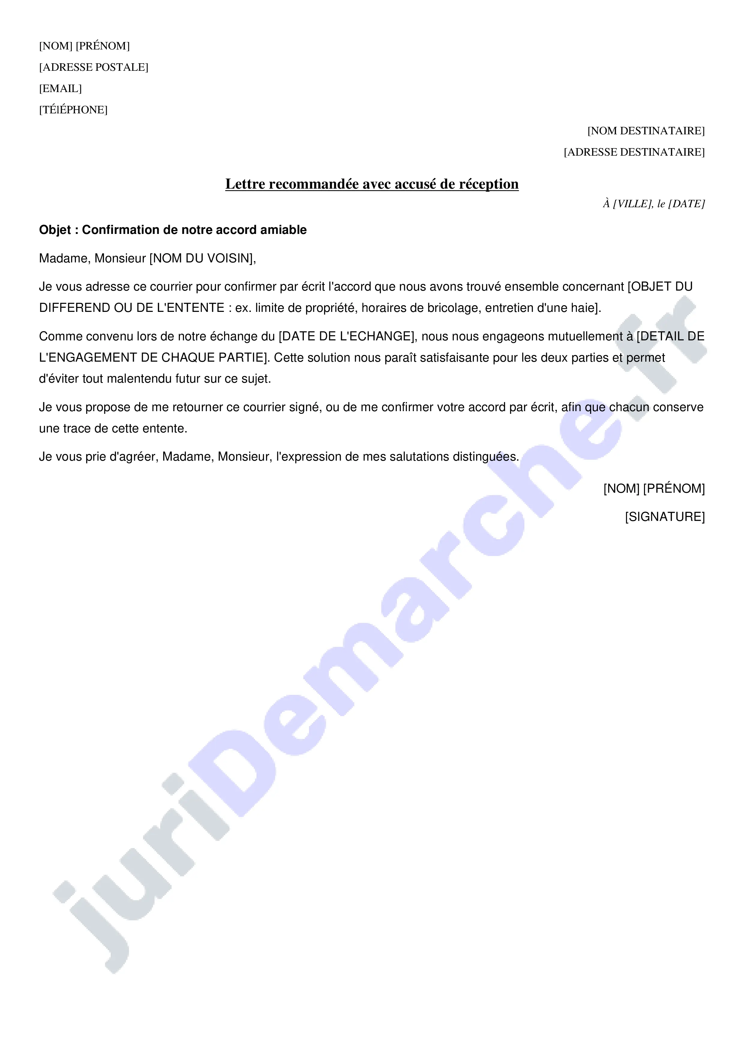 Accord entre voisins : modèle de lettre