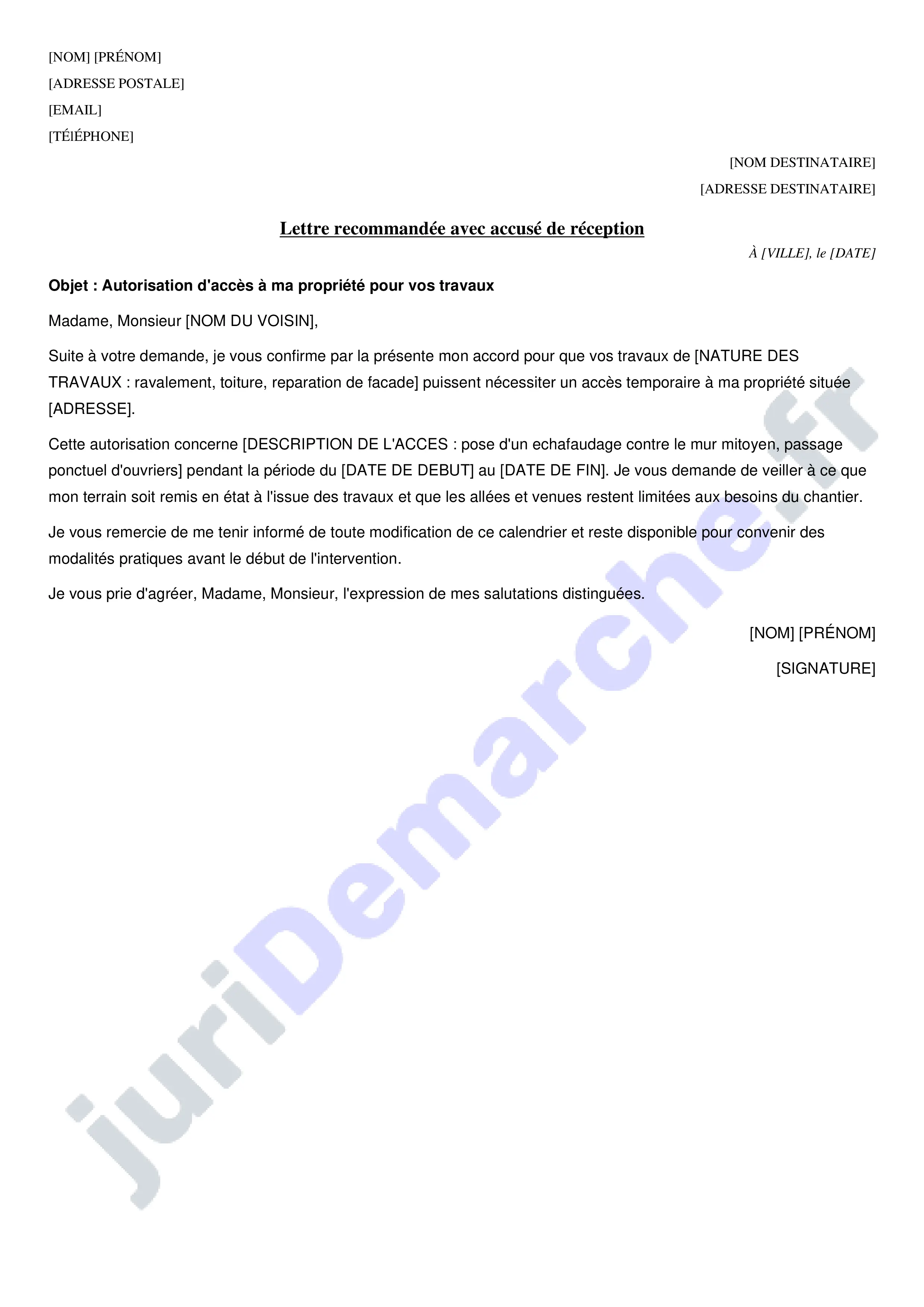 Autorisation de travaux à un voisin : modèle de lettre