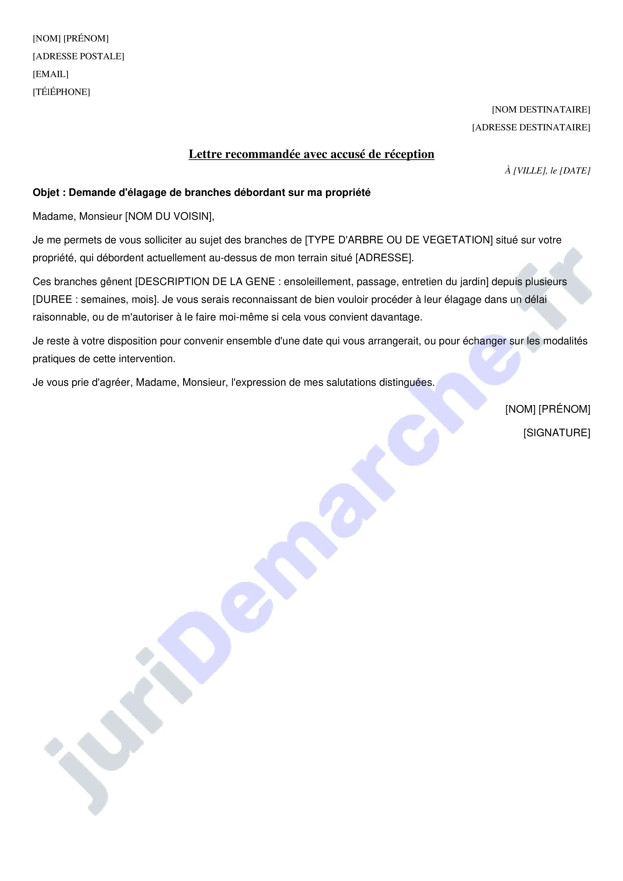 Demande d'élagage à un voisin : modèle de lettre