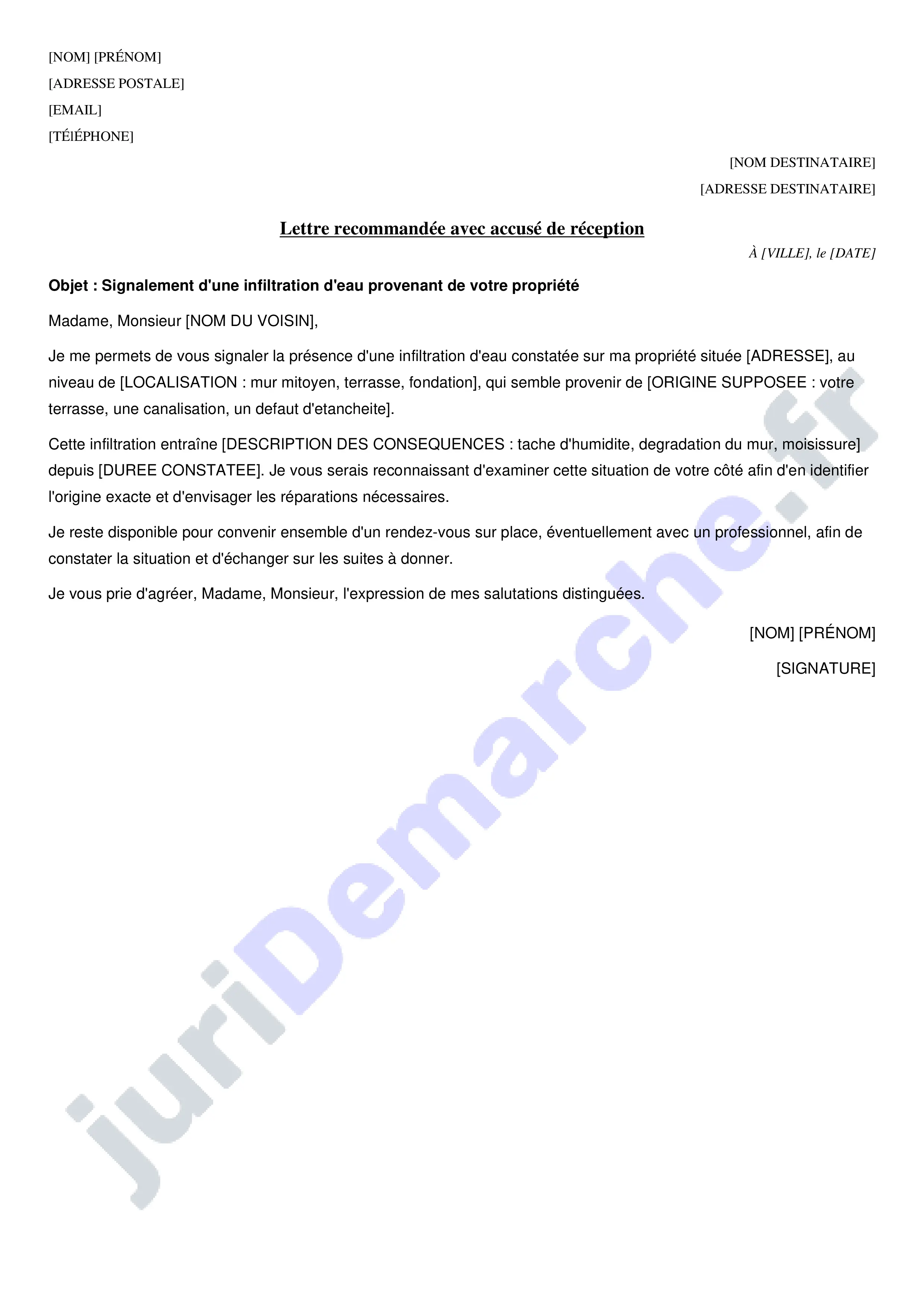 Infiltration d'eau chez un voisin : modèle de lettre