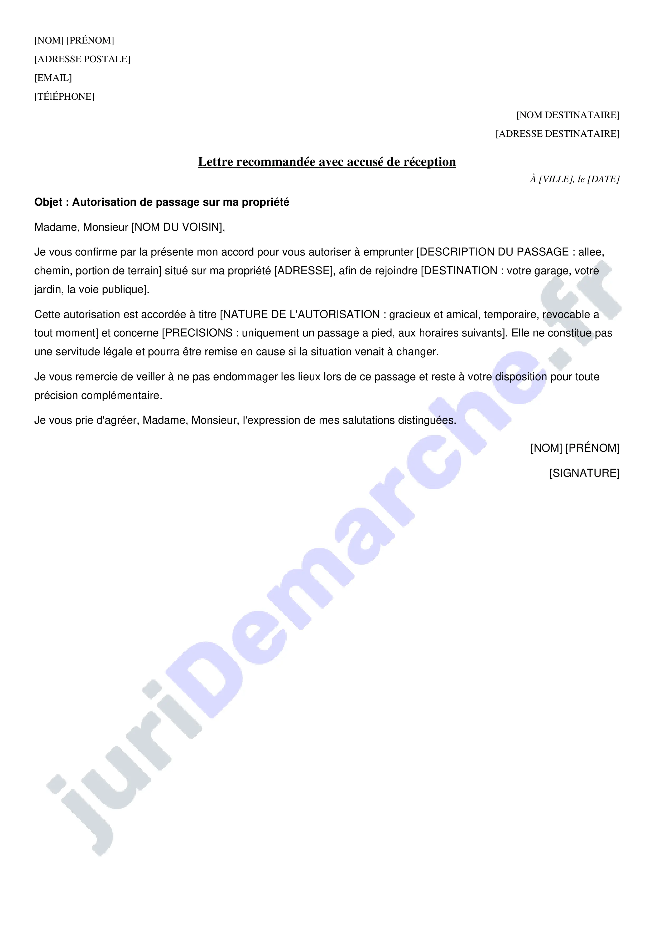 Autorisation de passage à un voisin : modèle de lettre