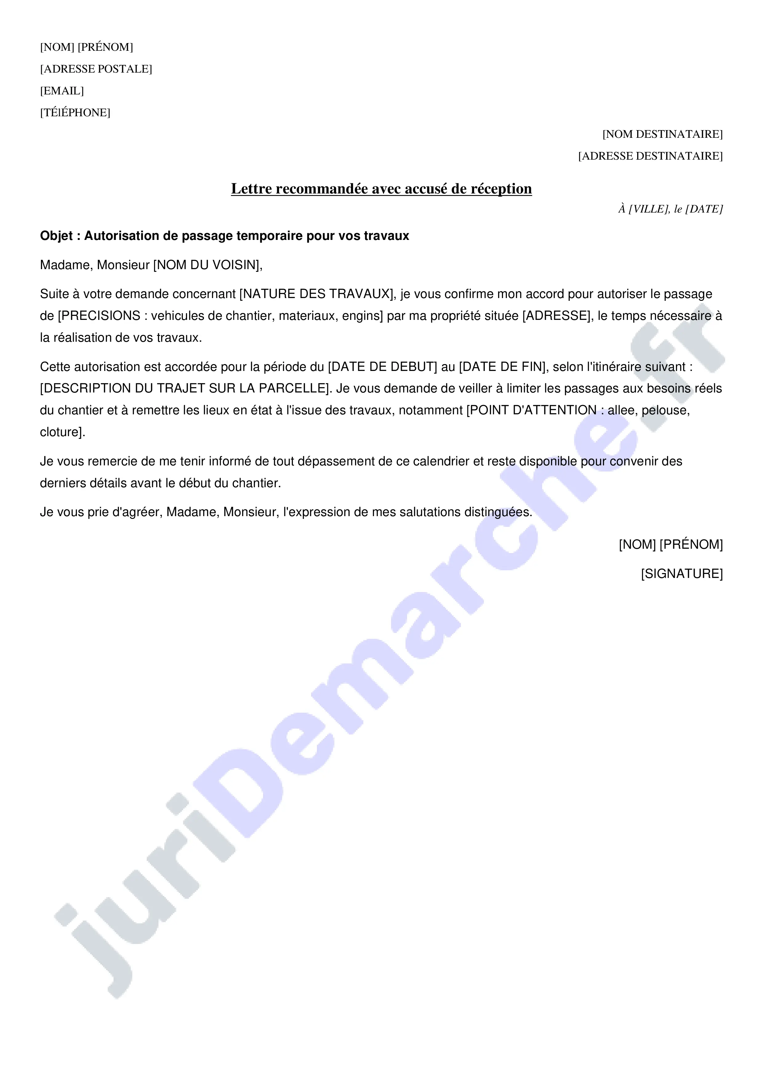 Autorisation de passage pour travaux : modèle de lettre