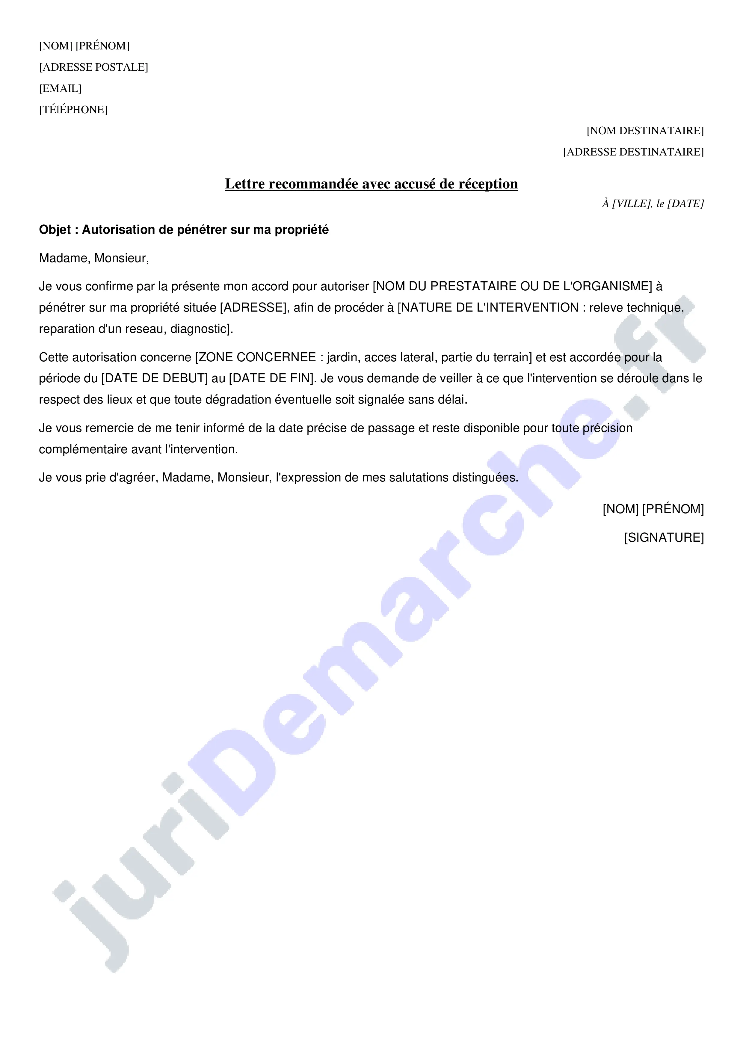 Autorisation de pénétrer sur une propriété : modèle