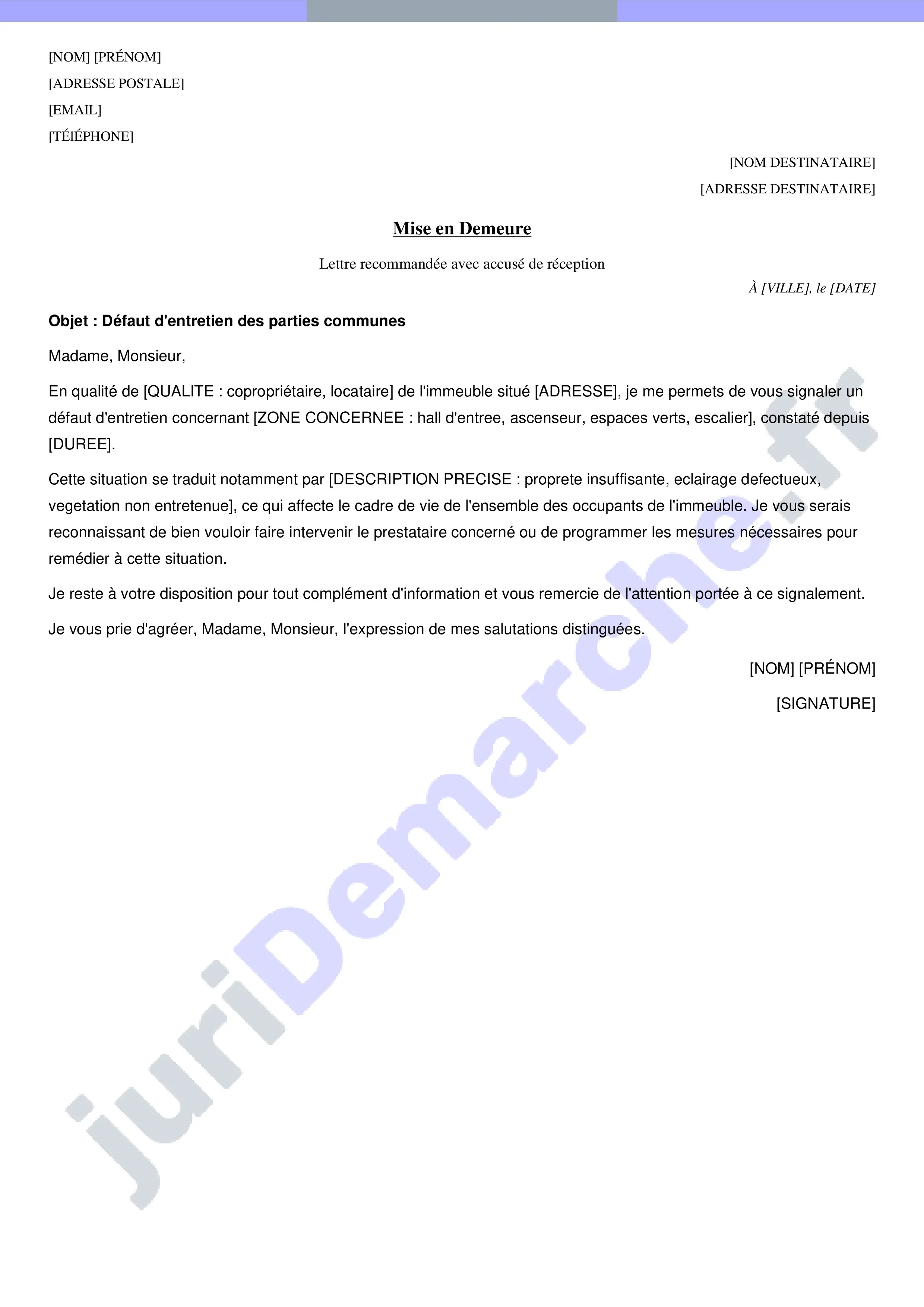 Défaut d'entretien des parties communes : lettre