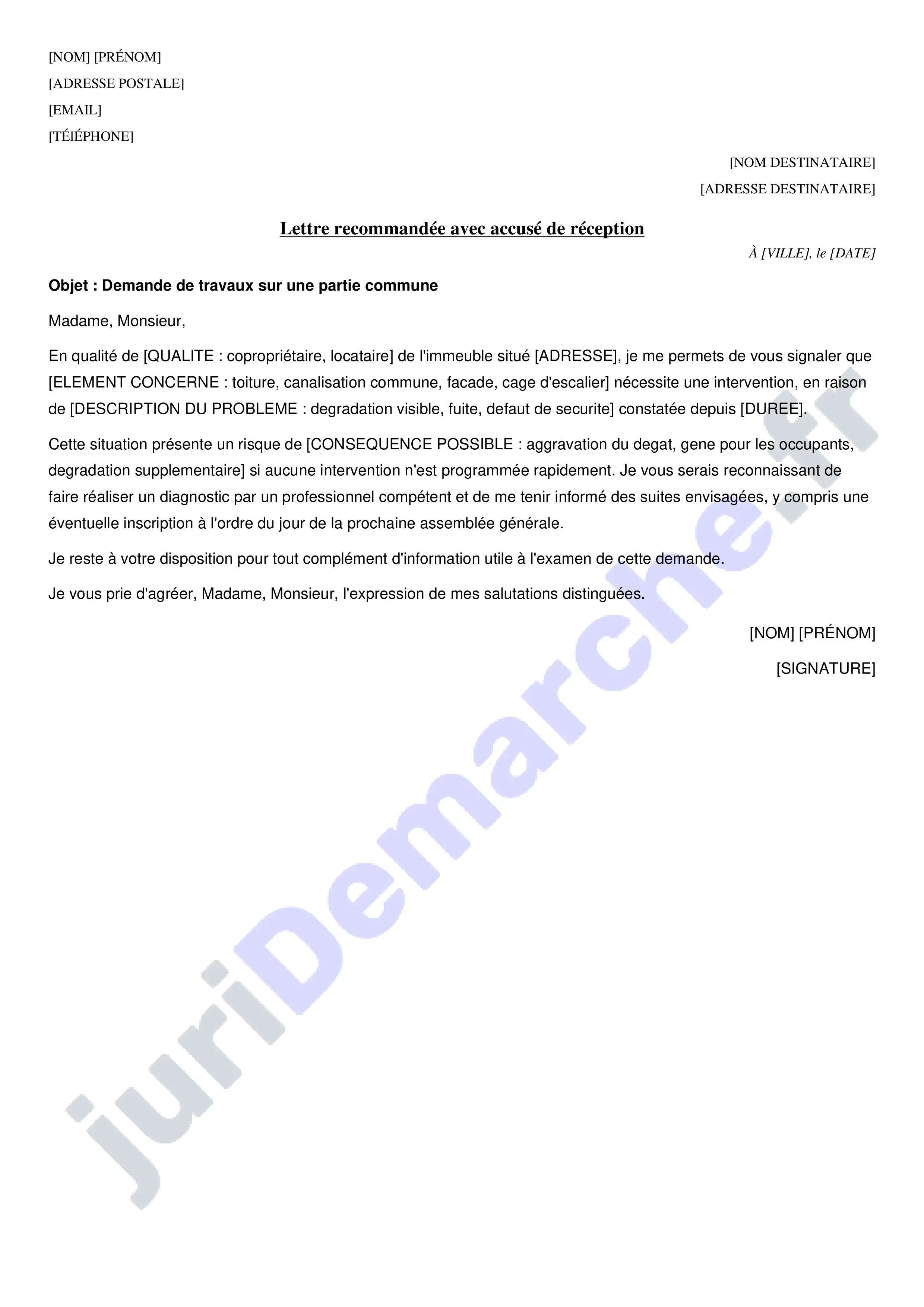 Demande de travaux au syndic : modèle de lettre