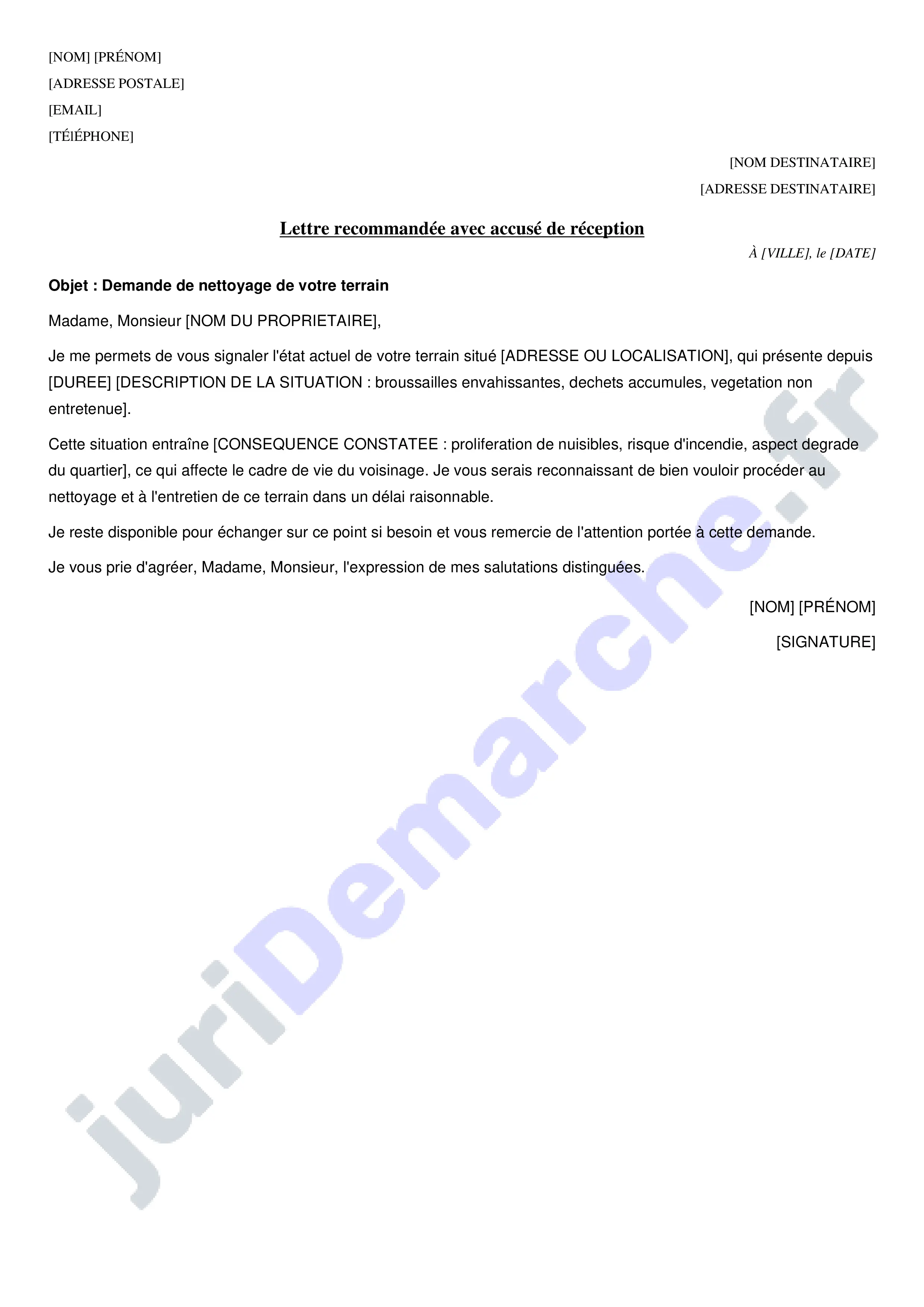 Demande de nettoyage d'un terrain : modèle de lettre