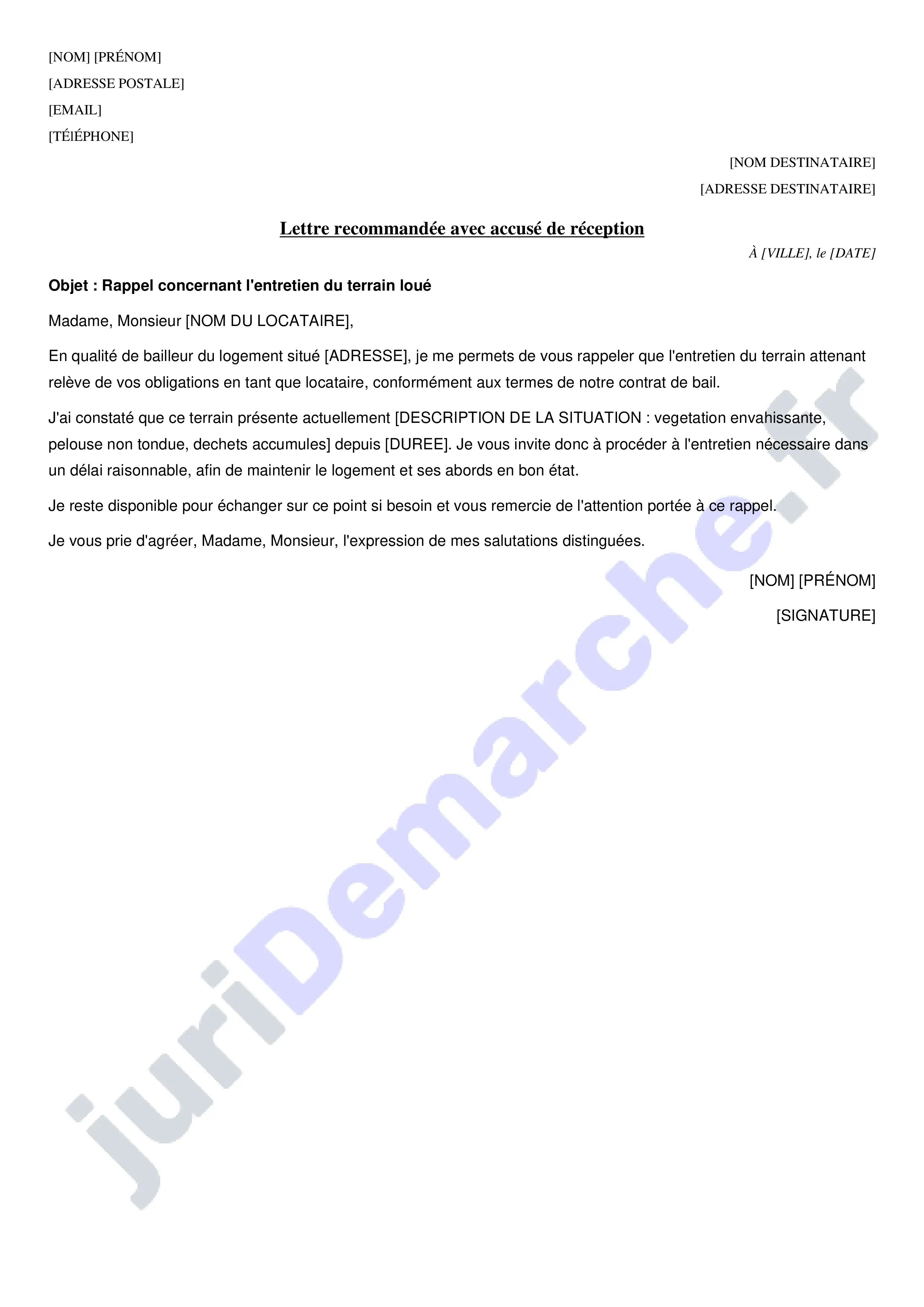 Terrain non entretenu par le locataire : lettre