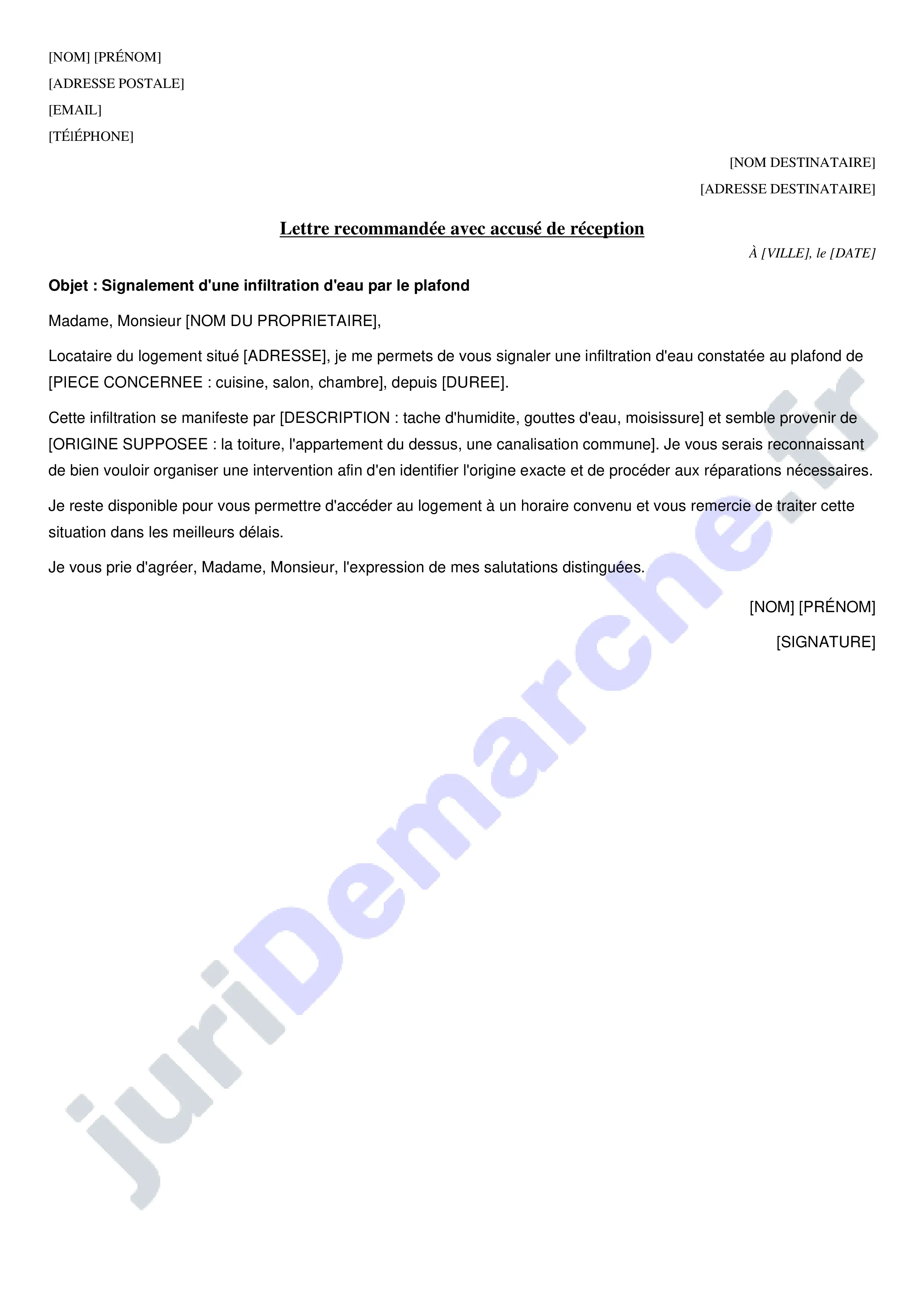 Infiltration d'eau par le plafond : lettre locataire