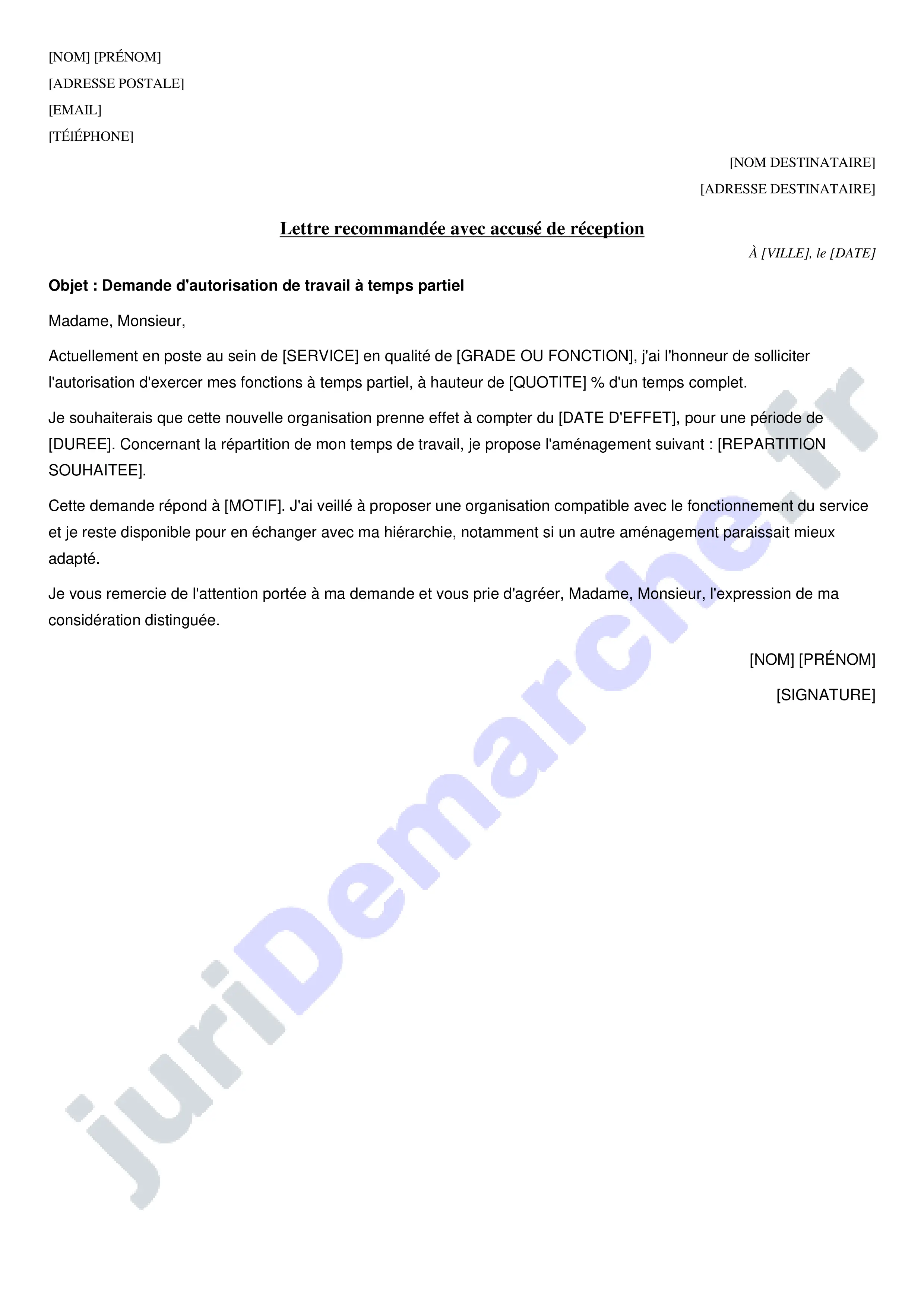 Lettre de demande de temps partiel fonction publique : modèle
