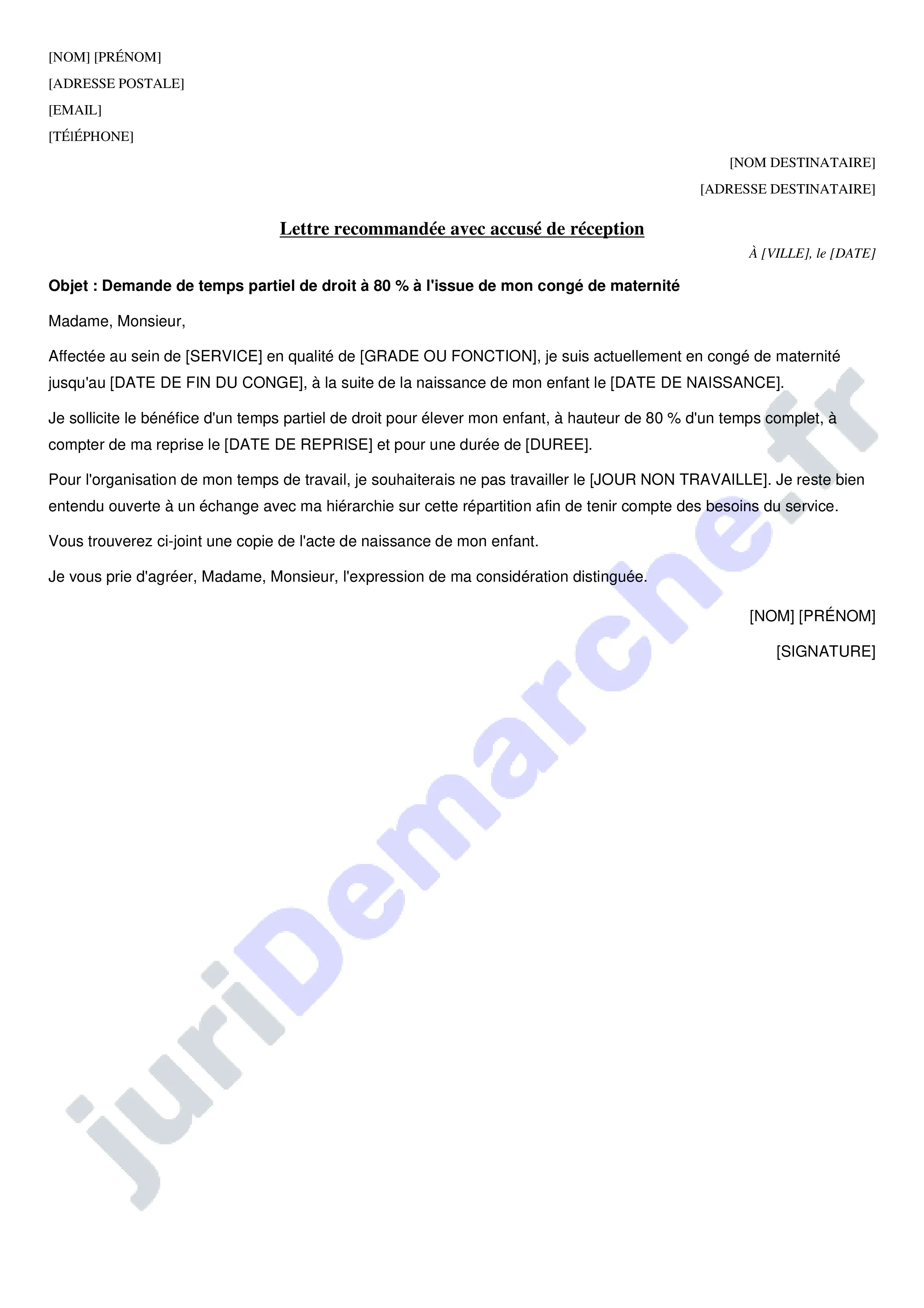Temps partiel 80 % après congé maternité fonction publique : lettre